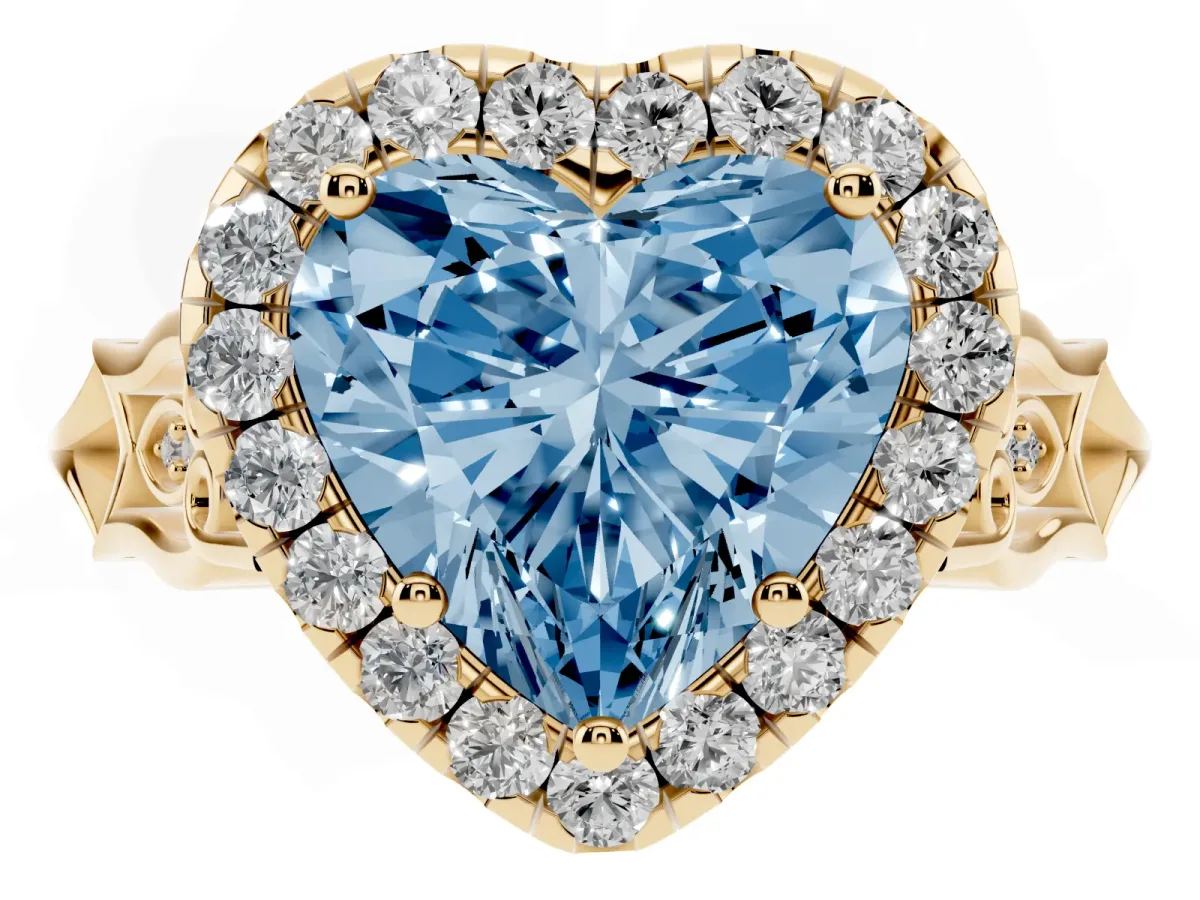 Fancy Blue Heart Cut Halo Diamond Engagement Ring with Filigree Band and Four-Prong Setting Yellow gold