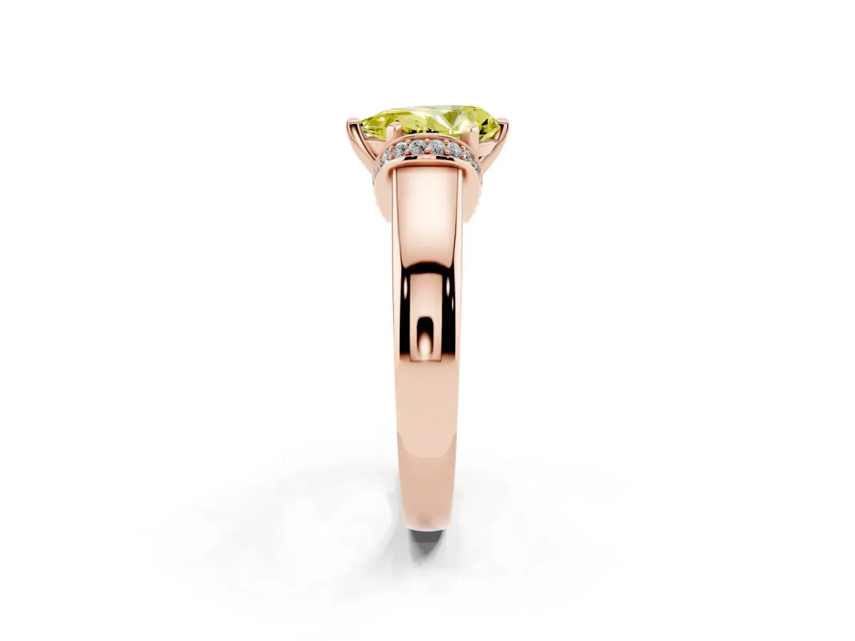 Fancy Yellow Pear Cut Solitaire Diamond Ring with Pave Band and Six-Prong Setting Rose gold