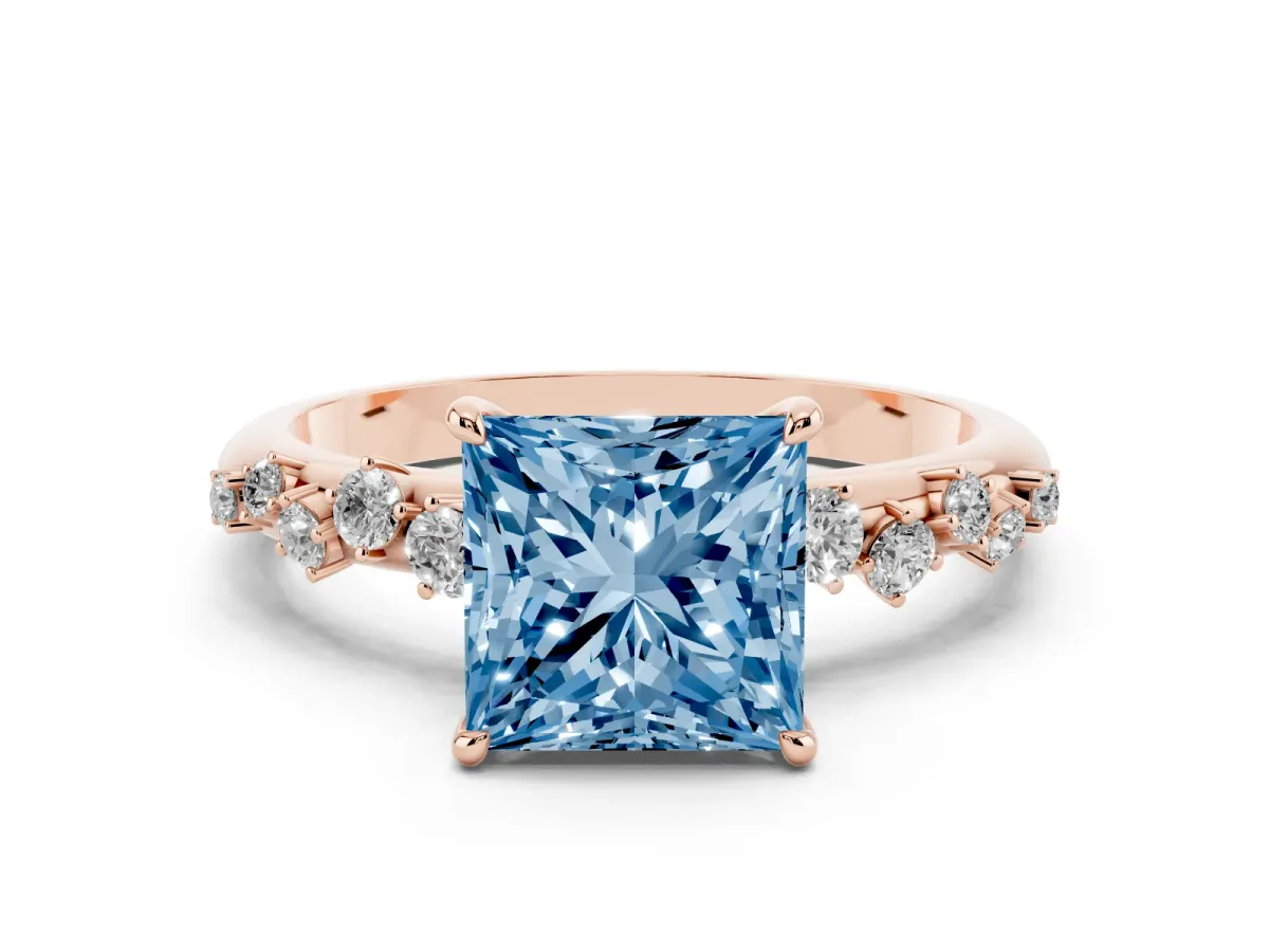 Fancy Blue Princess Cut Diamond Cluster Prong-Set Solitaire Ring Rose gold