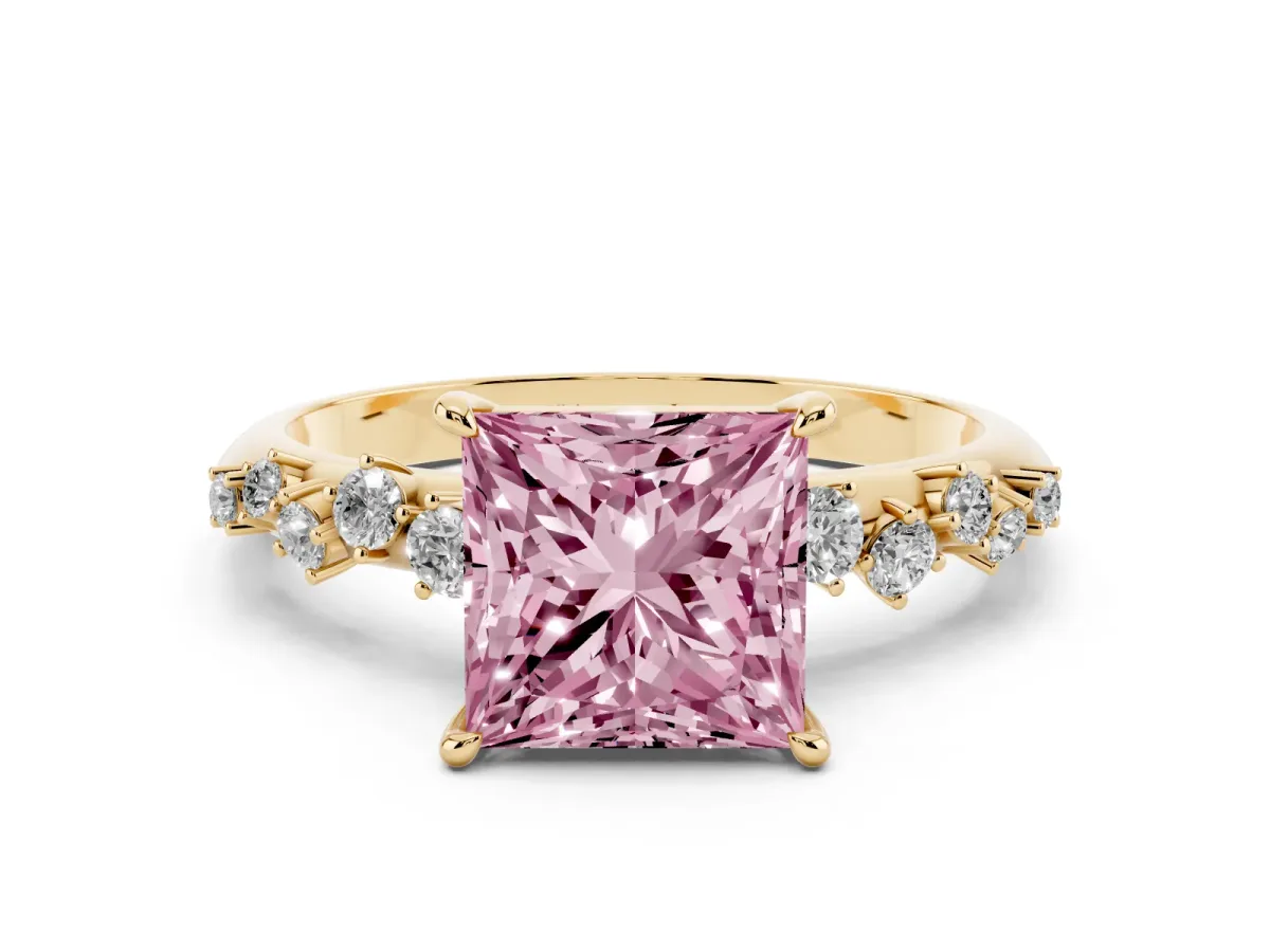Fancy Pink Princess Cut Diamond Cluster Side Stone Solitaire Ring with Prong Setting Yellow gold