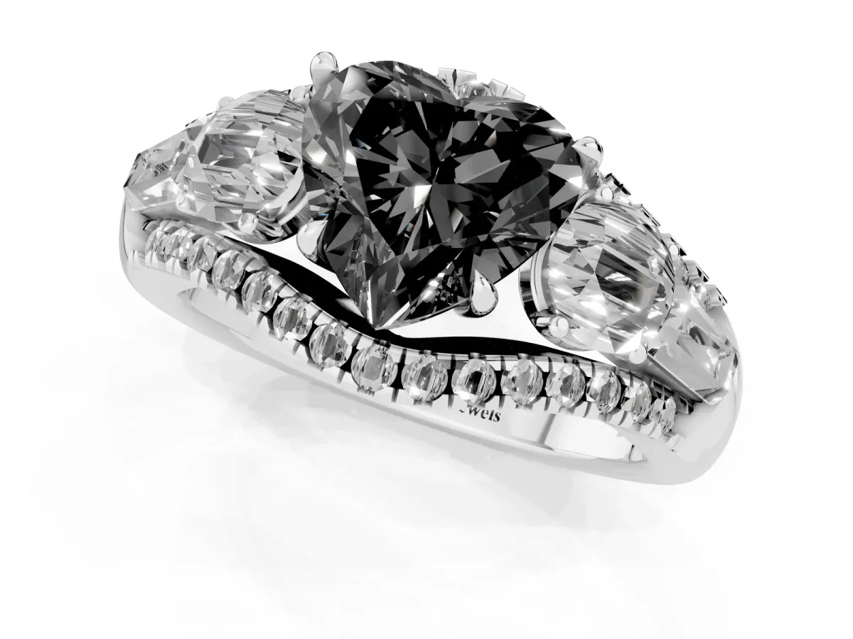 Fancy Black Three-Stone Heart Cut Diamond Engagement Ring with Pave Band and Prong Setting Silver