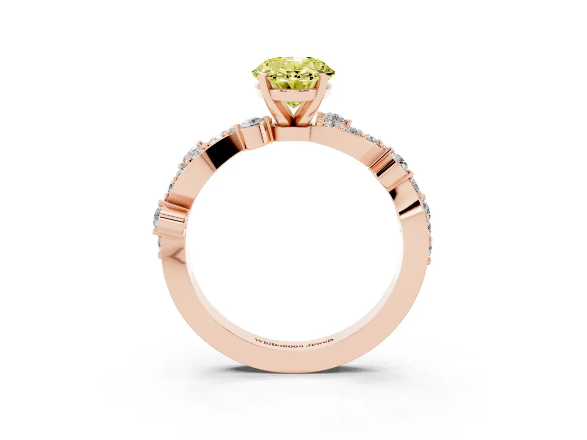 Fancy Yellow Oval Cut Cut Solitaire Diamond Twisted Band with Pave Setting Rose gold