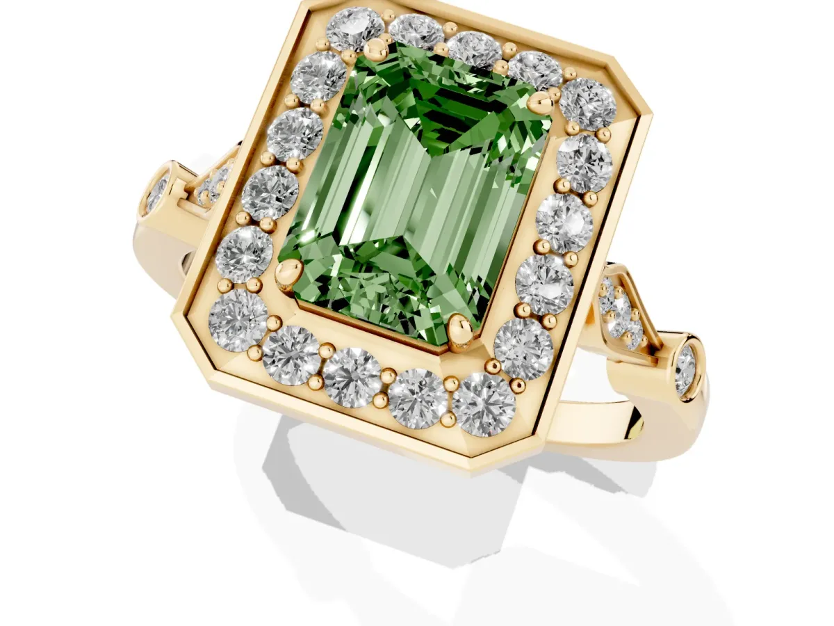 Fancy Green Emerald Cut Halo Diamond Engagement Ring with Twisted Band and Four-Prong Setting Yellow gold