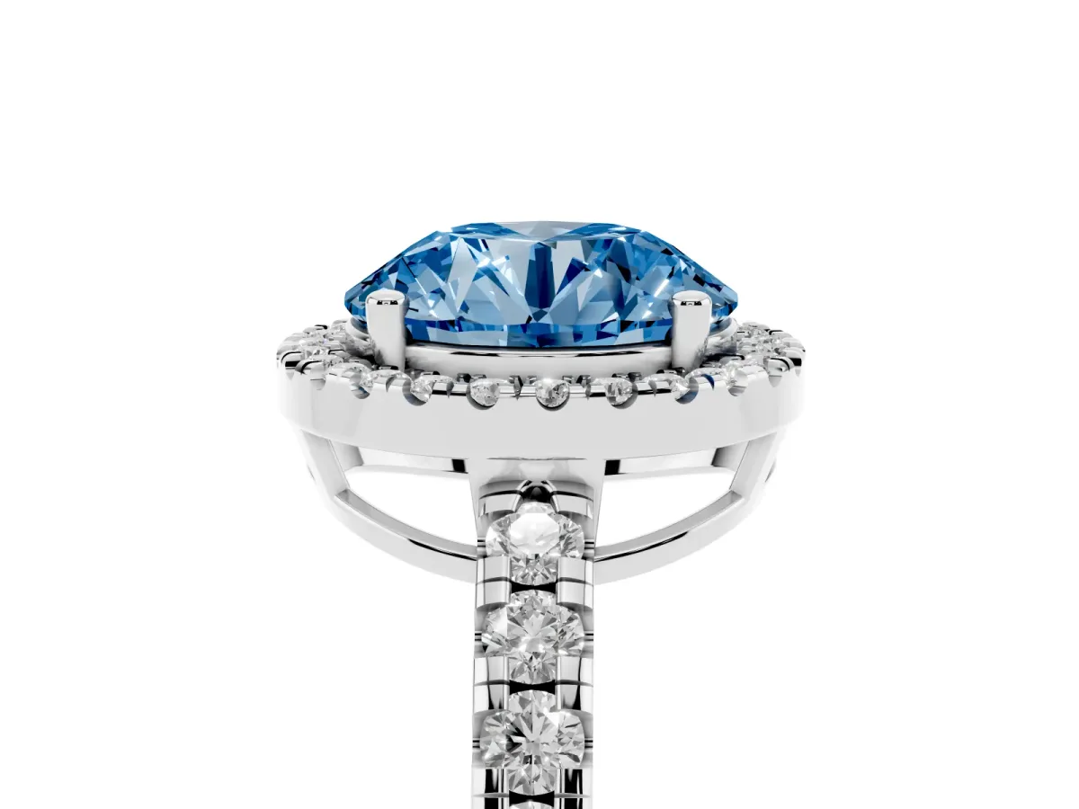 Fancy Blue Round Cut Diamond Halo Ring with Pavé Band and Four-Prong Setting Platinum