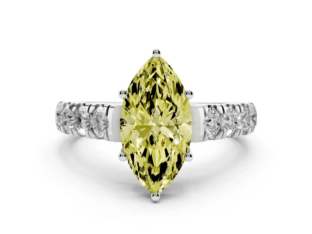 Fancy Yellow Marquise Cut Cut Diamond Solitaire Ring with Micro Pave Band and Prong Setting Silver