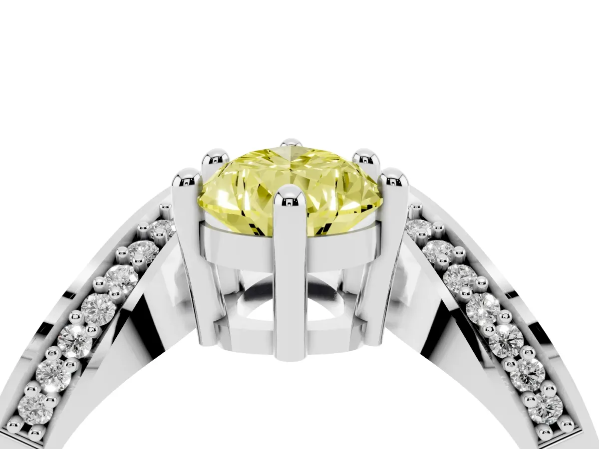 Fancy Yellow Pear Cut Solitaire Diamond Engagement Ring with Pave Band and Four-Prong Setting Silver