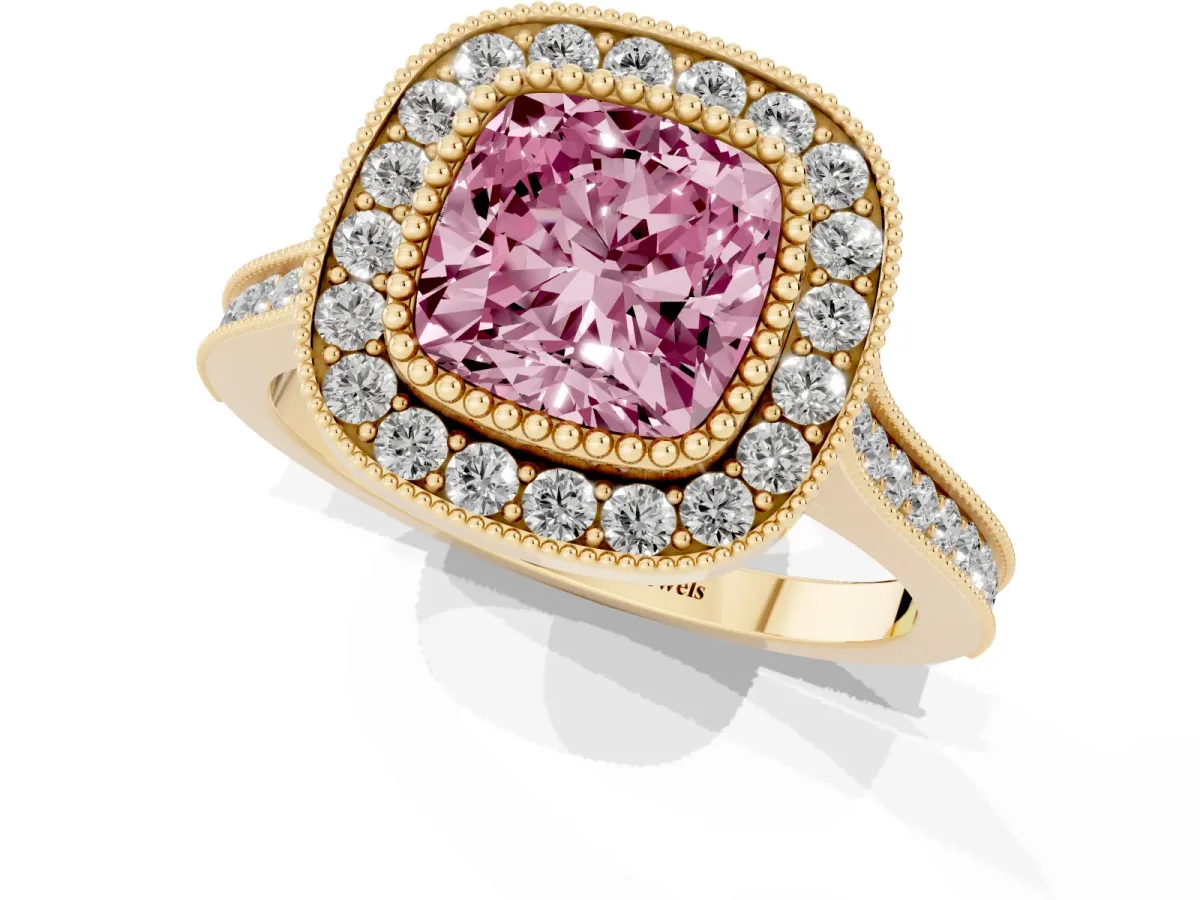 Fancy Pink Cushion Cut Diamond Halo Ring with Milgrain Frame and Pavé Band Yellow gold