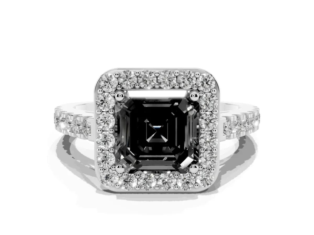 Fancy Black Asscher Cut Diamond Halo Ring with Round Pavé Split Shank and Prong Setting Silver