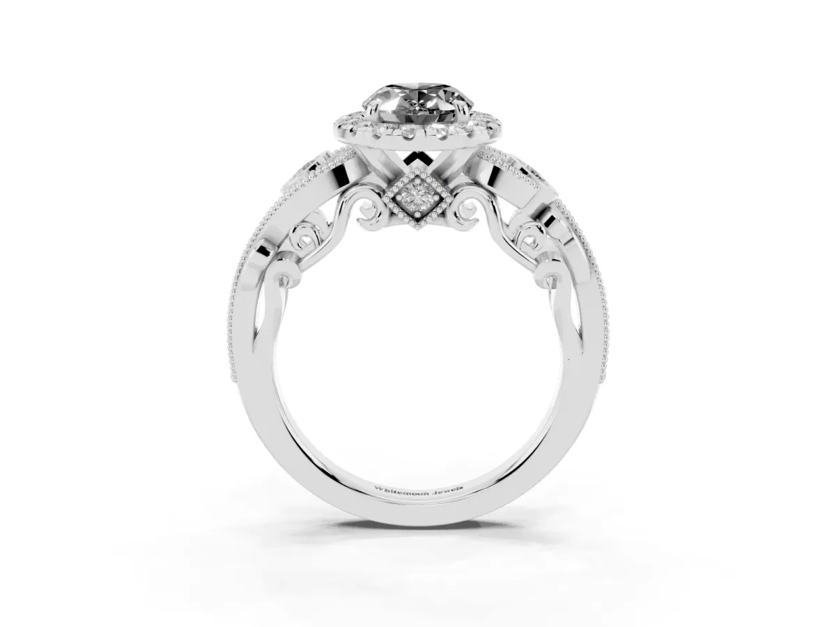 Fancy Black Oval Cut Halo Diamond Ring with Milgrain and Bezel Accents on a Split Shank Band Platinum