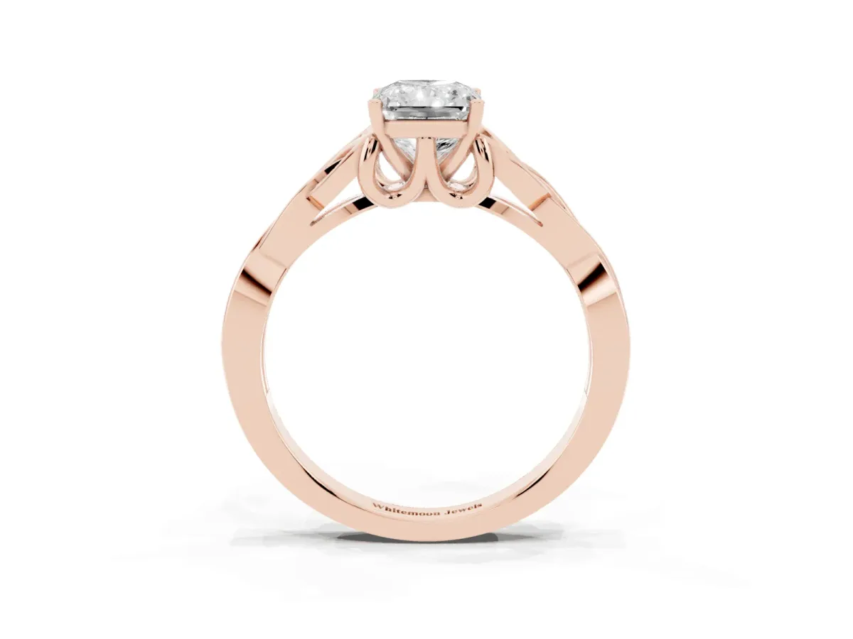 Radiant Cut Diamond Solitaire Engagement Ring with Celtic Knot Band and Four-Prong Setting Rose gold