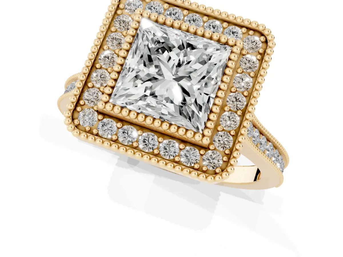 Princess Cut Diamond Halo Ring with Milgrain Frame and Pavé Band Yellow gold