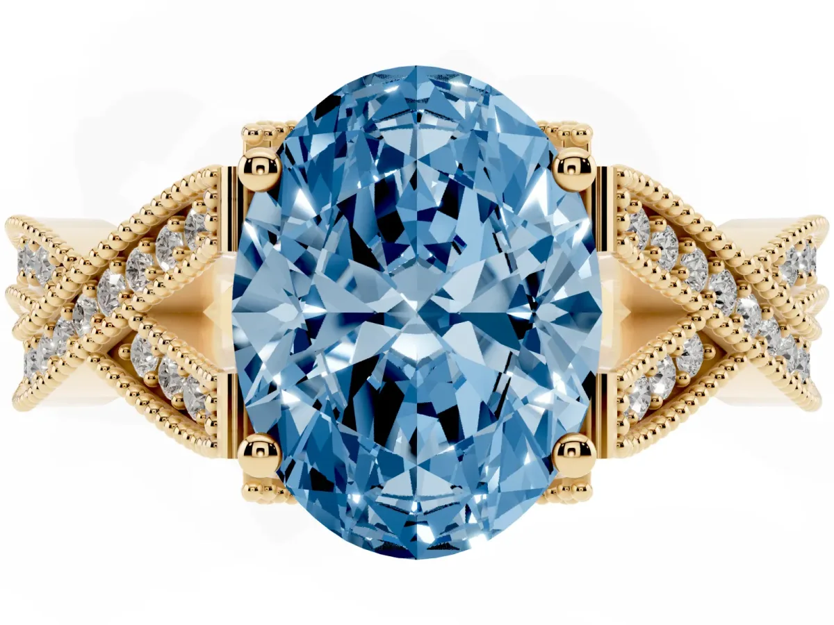 Fancy Blue Oval Cut Cut Diamond Twisted Band with Milgrain Pave Setting and Four-Prong Setting Yellow gold