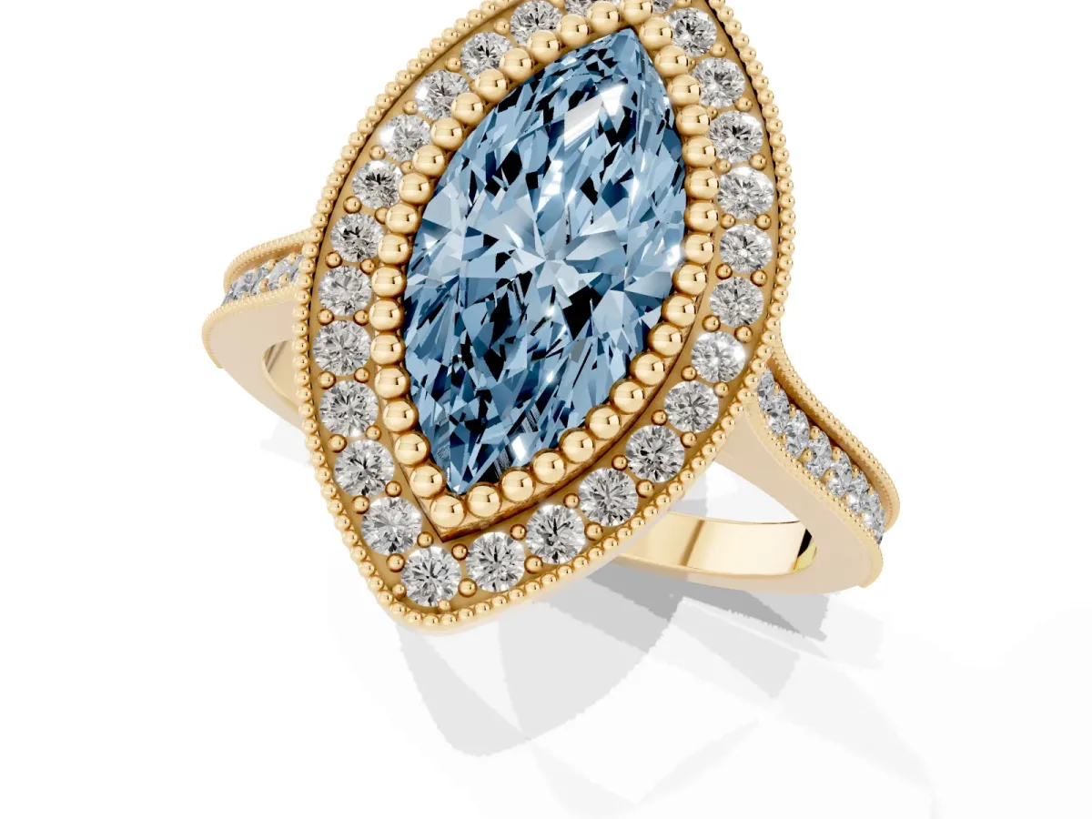 Fancy Blue Marquise Cut Diamond Halo Ring with Milgrain Frame and Pavé Band Yellow gold