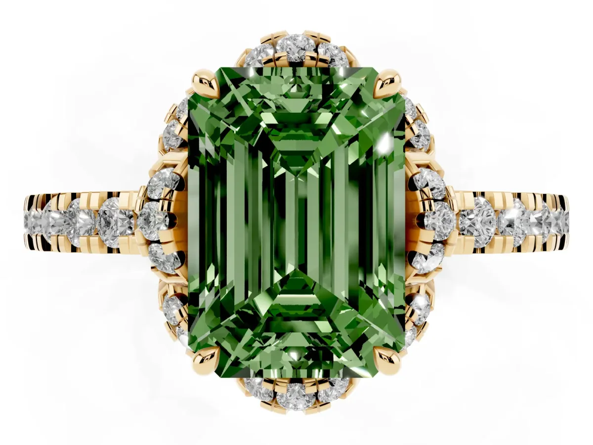 Fancy Green Emerald Cut Diamond Halo Pave Band with Four-Prong Setting Yellow gold