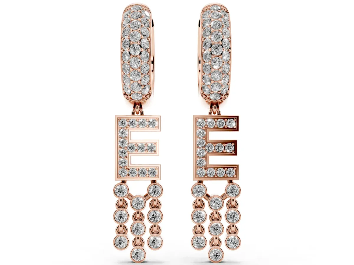 Round Diamond Initial E Huggie Hoop Earrings Rose gold