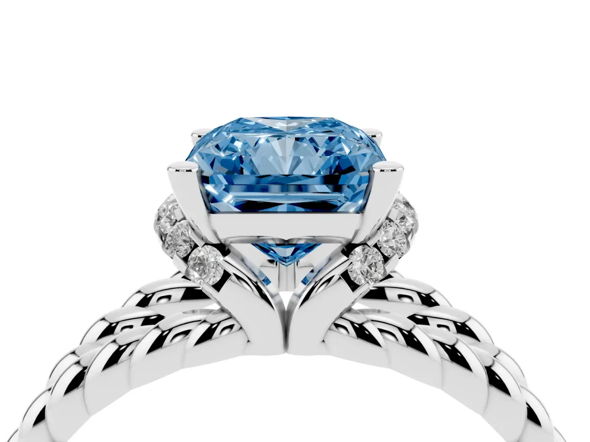 Fancy Blue Radiant Cut Halo Twisted Band Four-Prong Ring Silver