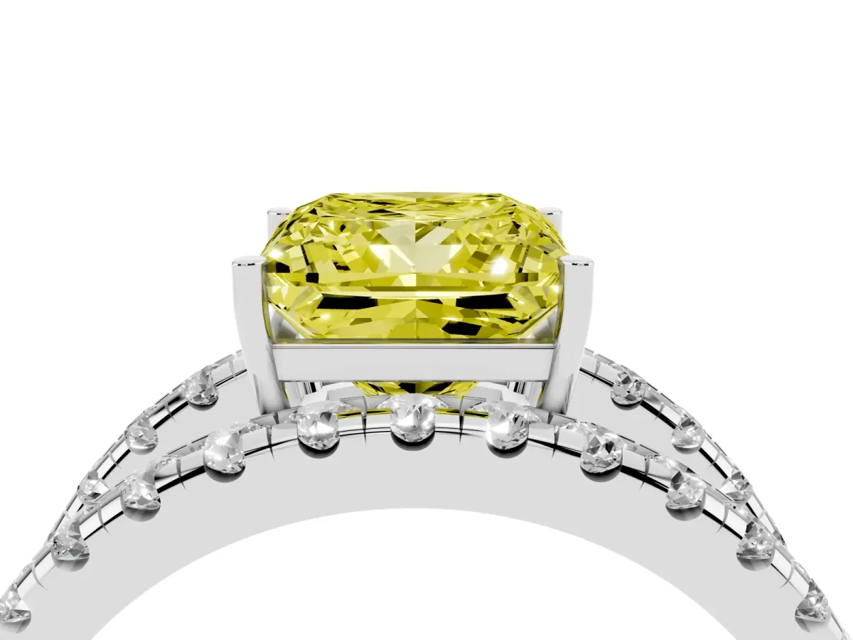 Fancy Yellow Princess Cut Solitaire Split Shank Pave Diamond Ring Silver