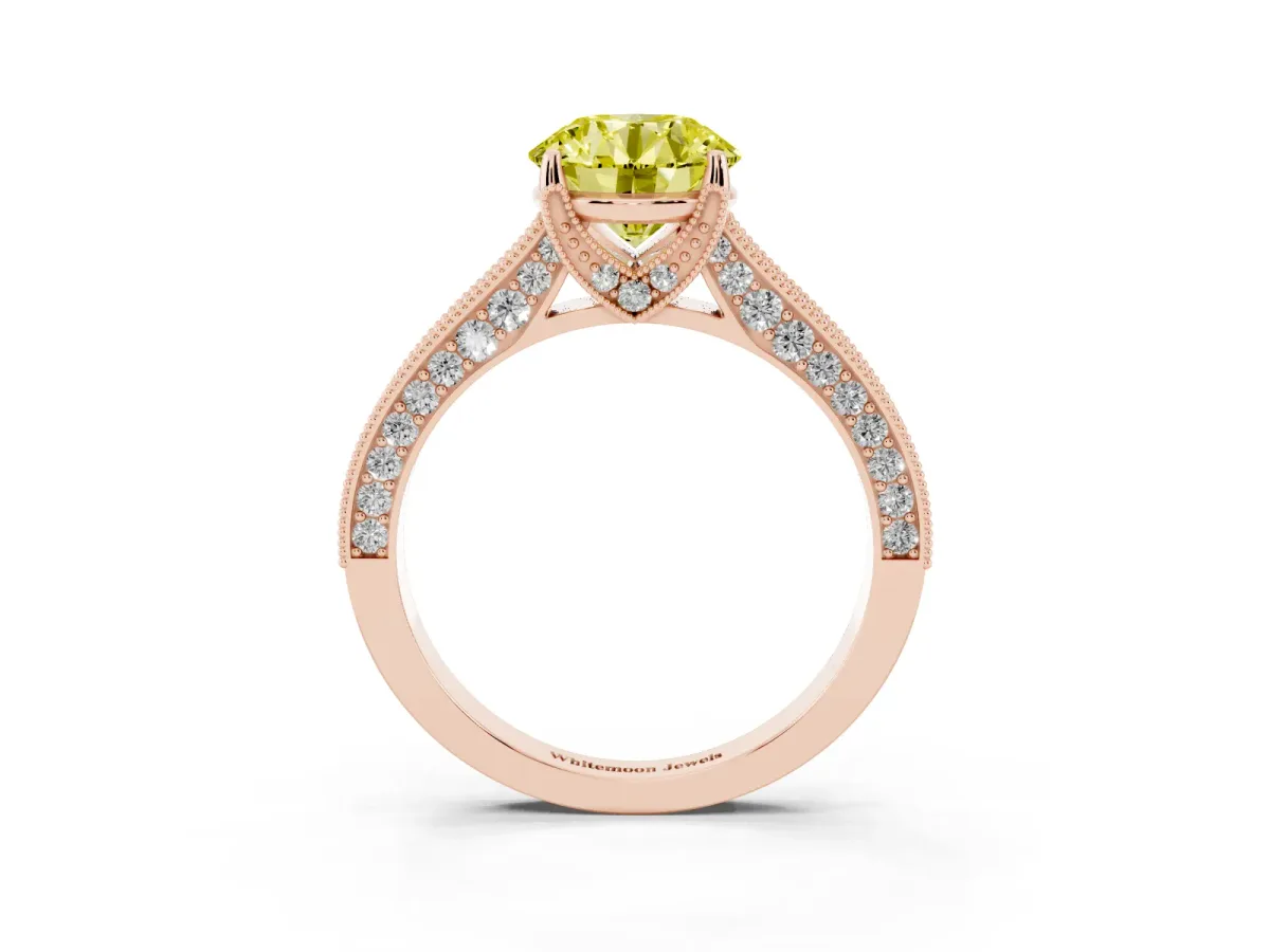 Fancy Yellow Round Cut Cut Diamond Solitaire Ring with Milgrain Pave Band and Four Prong Setting Rose gold