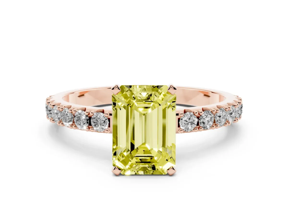 Fancy Yellow Emerald Cut Diamond Solitaire Pavé Band with Four-Prong Setting Rose gold