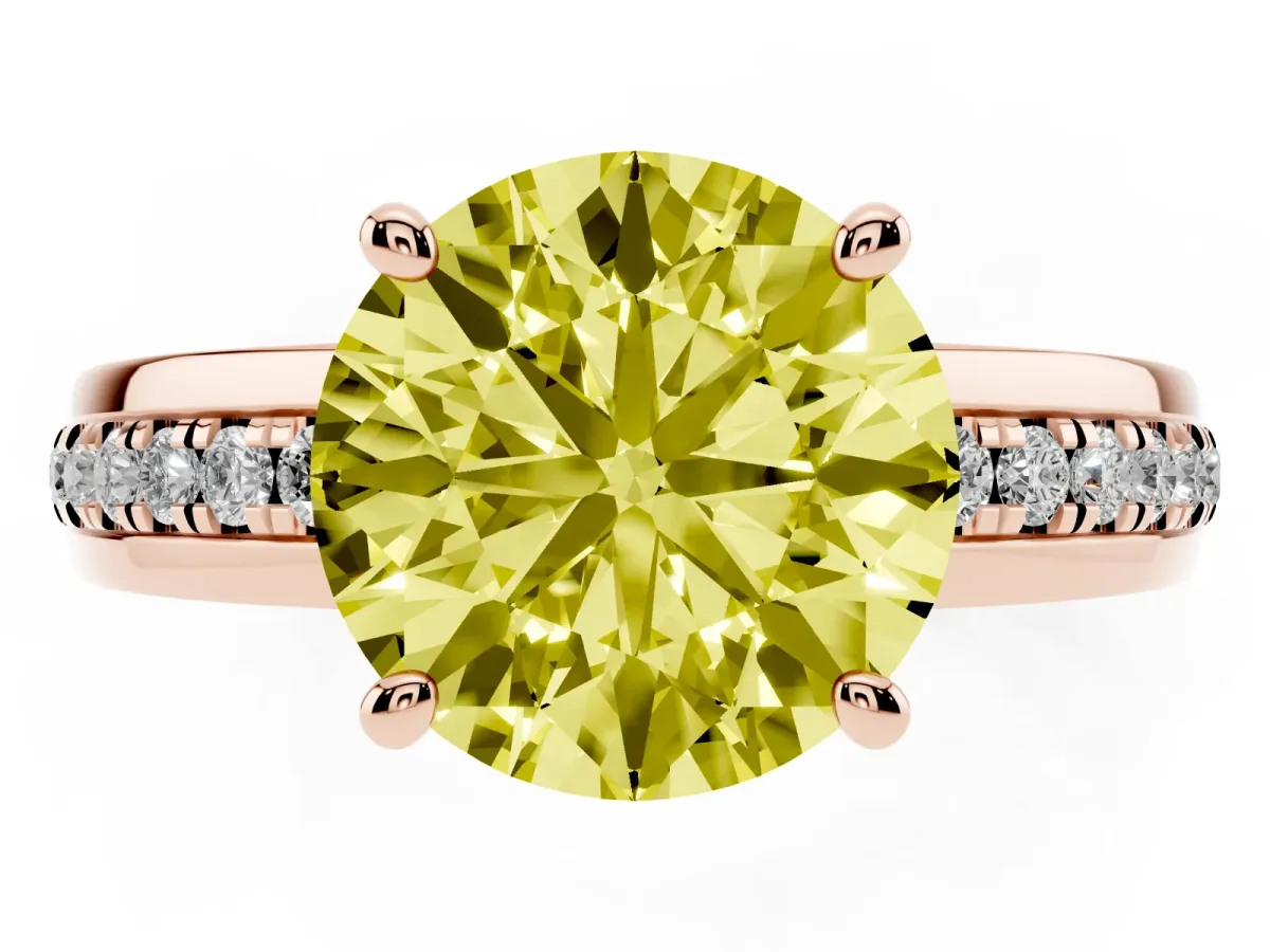 Fancy Yellow Round Cut Solitaire Diamond Ring with Channel Set Band and Six-Prong Setting Rose gold