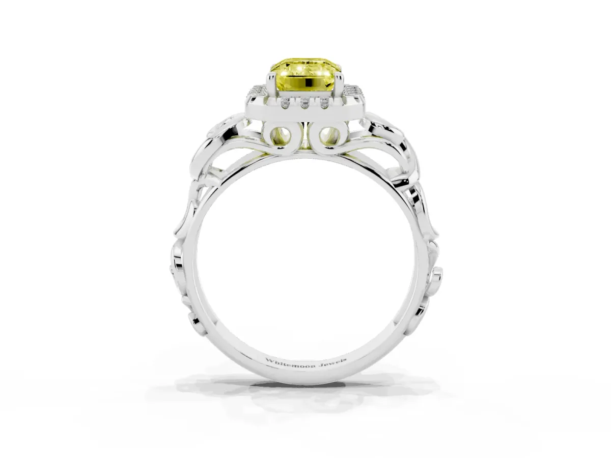 Fancy Yellow Emerald Cut Cut Halo Diamond Ring with Scrollwork Band and Four-Prong Setting Silver