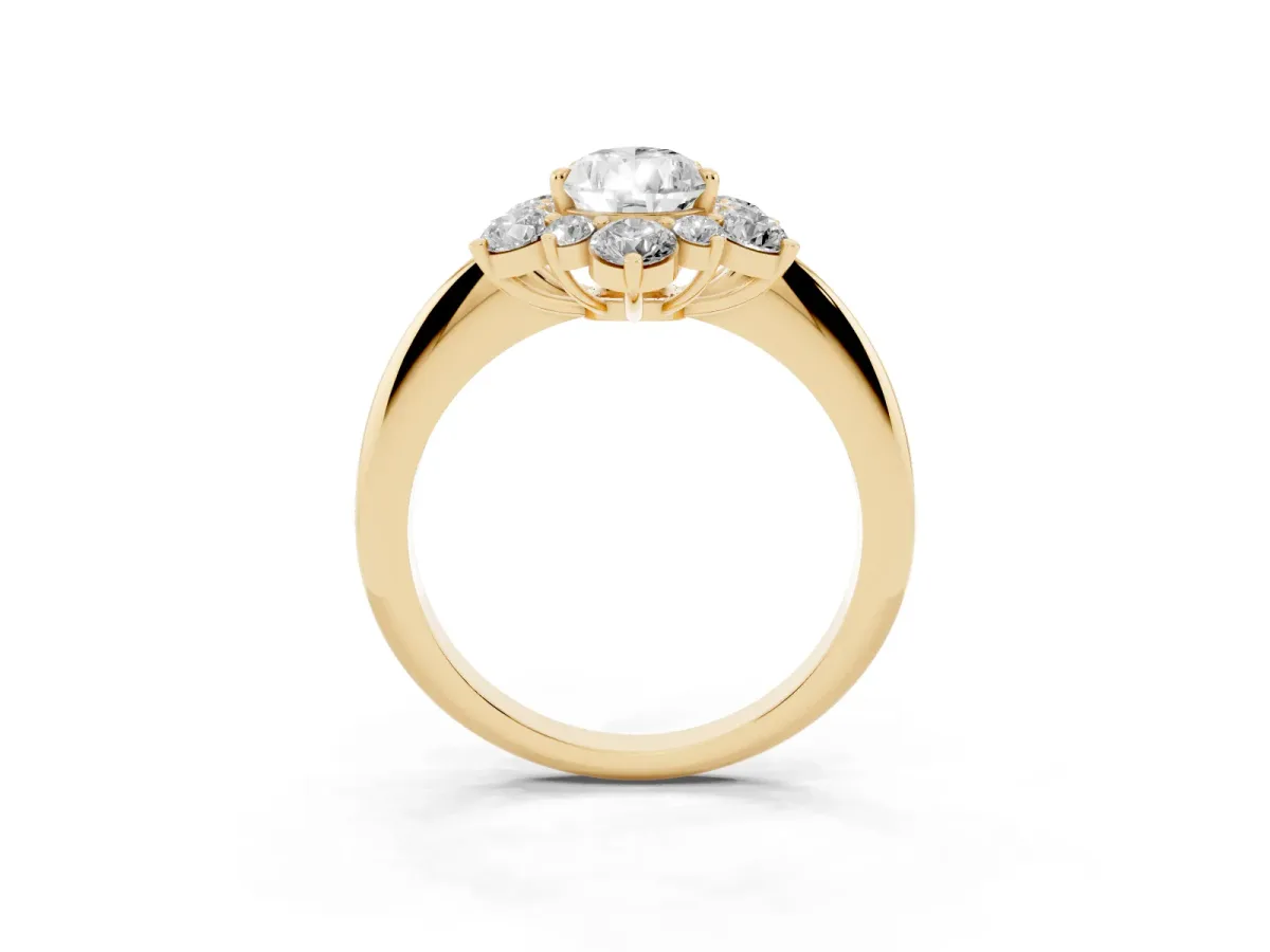 Pear Cut Diamond Cluster Halo Ring with Solitaire Band and Four-Prong Setting Yellow gold