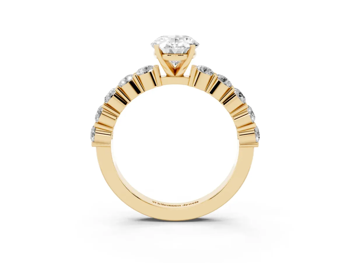 Oval Cut Diamond Solitaire Ring with Shared Prong Round Side Stones Yellow gold
