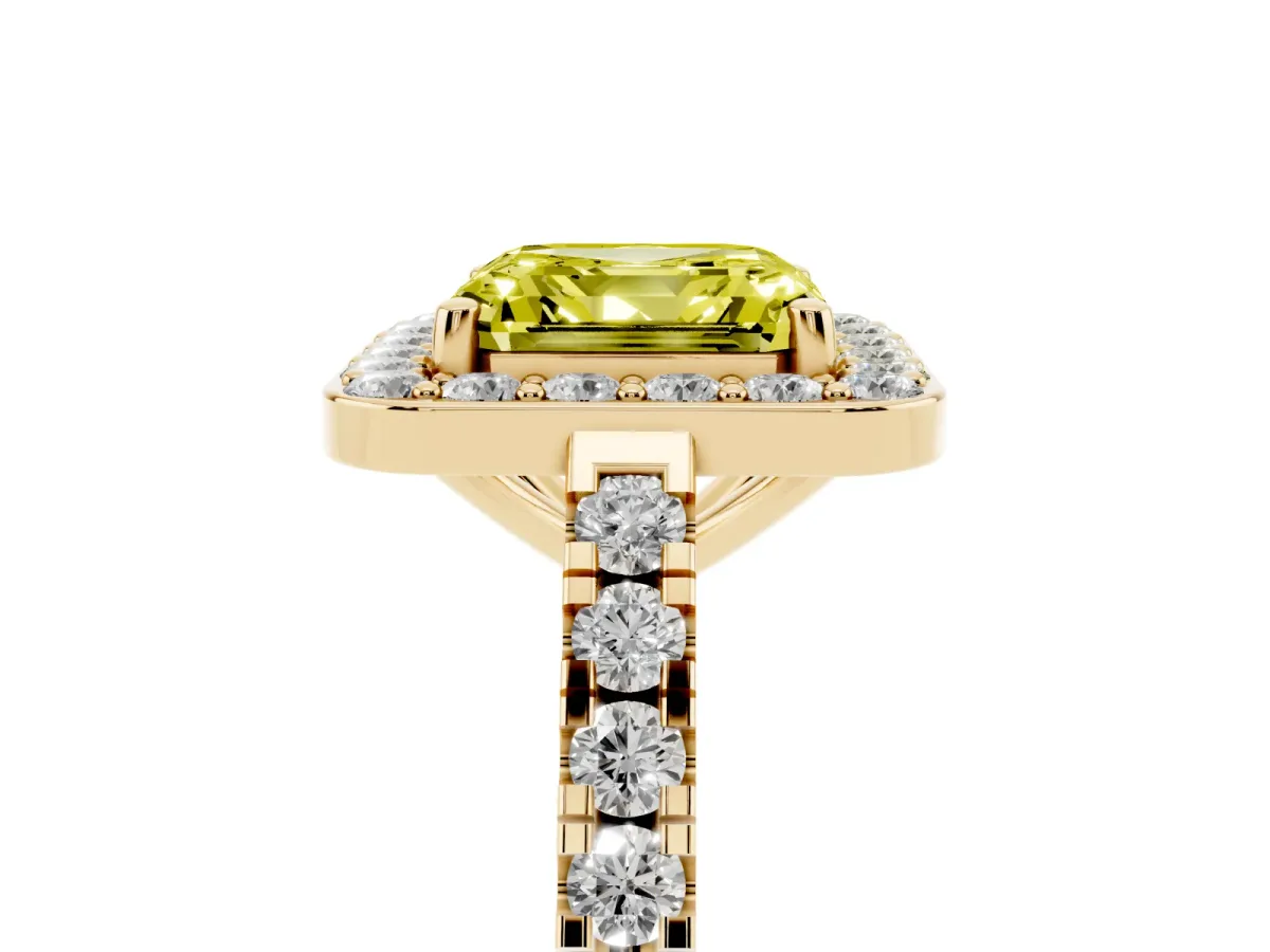 Fancy Yellow Asscher Cut Diamond Halo Ring with Round Pavé Split Shank and Prong Setting Yellow gold