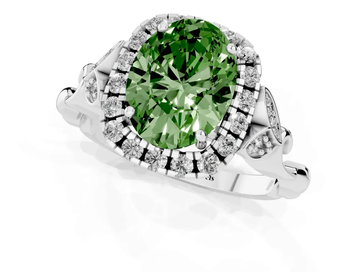 Fancy Green Oval Cut Halo Diamond Engagement Ring with Vintage-Inspired Band and Four-Prong Setting Platinum