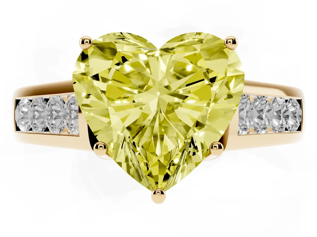 Fancy Yellow Heart Cut Brilliant Channel-Set Solitaire Ring with Four-Prong Setting Yellow gold