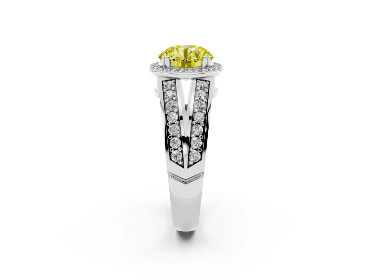 Fancy Yellow Round Cut Diamond Halo Ring with Split Shank Pavé Band and Four-Prong Setting White gold