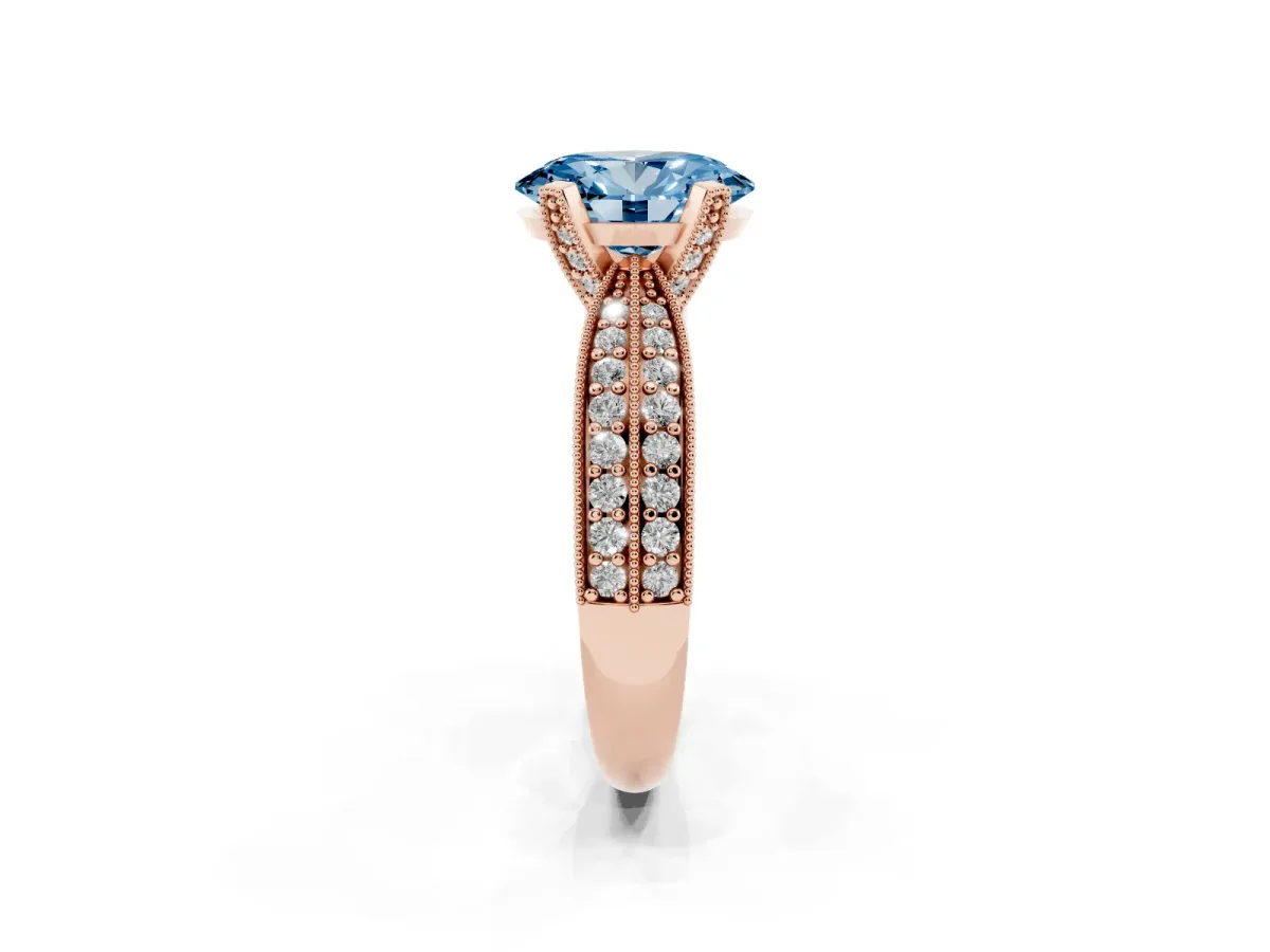 Fancy Blue Oval Cut Diamond Solitaire Ring with Milgrain Round Pavé Band and Prong Setting Rose gold