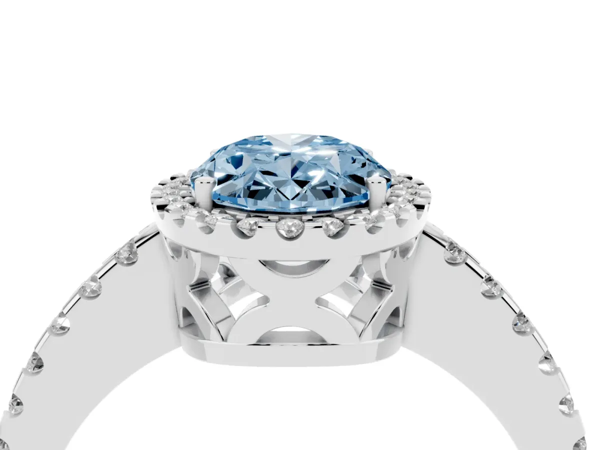 Fancy Blue Oval Cut Diamond Halo Engagement Ring with Pavé Band and Prong Setting Platinum