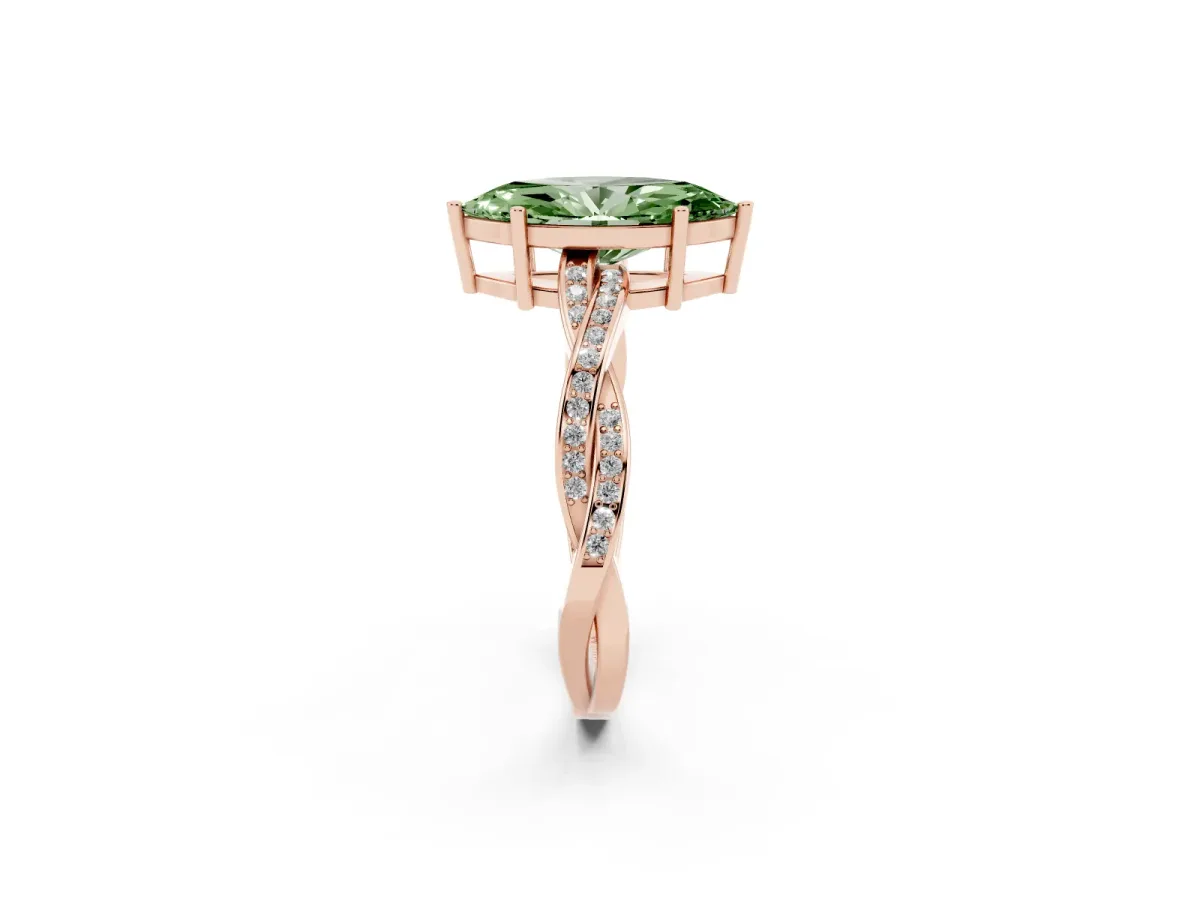 Fancy Green Marquise Cut Solitaire Twisted Pave Diamond Ring with Four-Prong Setting Rose gold