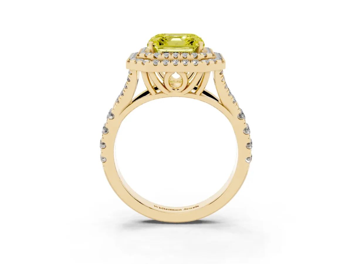 Fancy Yellow Asscher Cut Diamond Pavé Split Shank Double Halo Engagement Ring Yellow gold