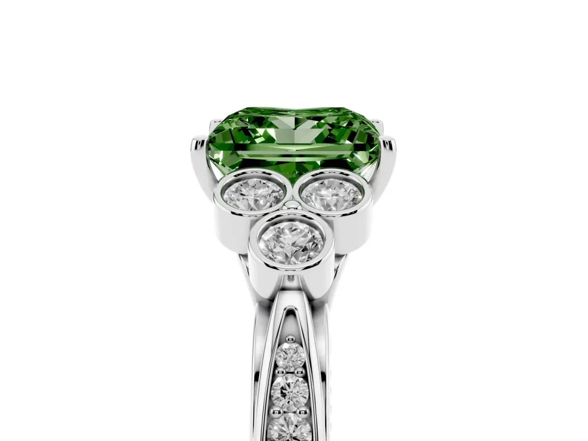 Fancy Green Princess Cut Cut Diamond Engagement Ring with Bezel Set Round Side Stones and Prong Setting Silver