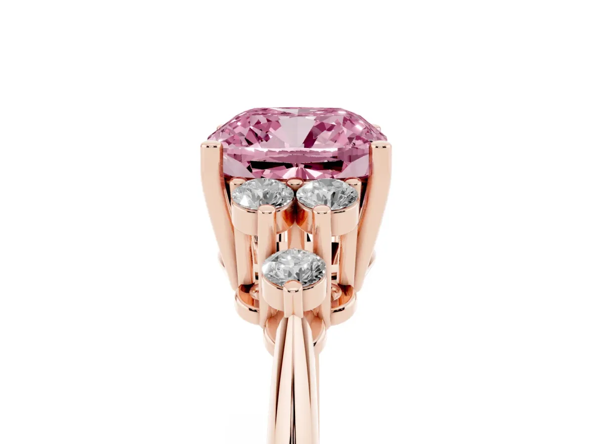 Fancy Pink Cushion Cut Cut Diamond Cluster Ring with Solitaire Band and Four-Prong Setting Rose gold