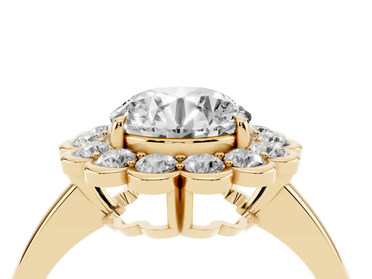 Round Cut Halo Cluster Diamond Engagement Ring with Solitaire Band and Prong Setting Yellow gold