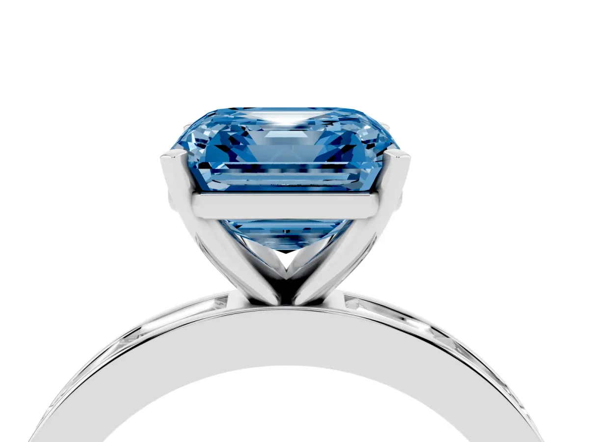 Fancy Blue Asscher Cut Solitaire Diamond Ring with Channel-Set Baguette Band and Four-Prong Setting Silver