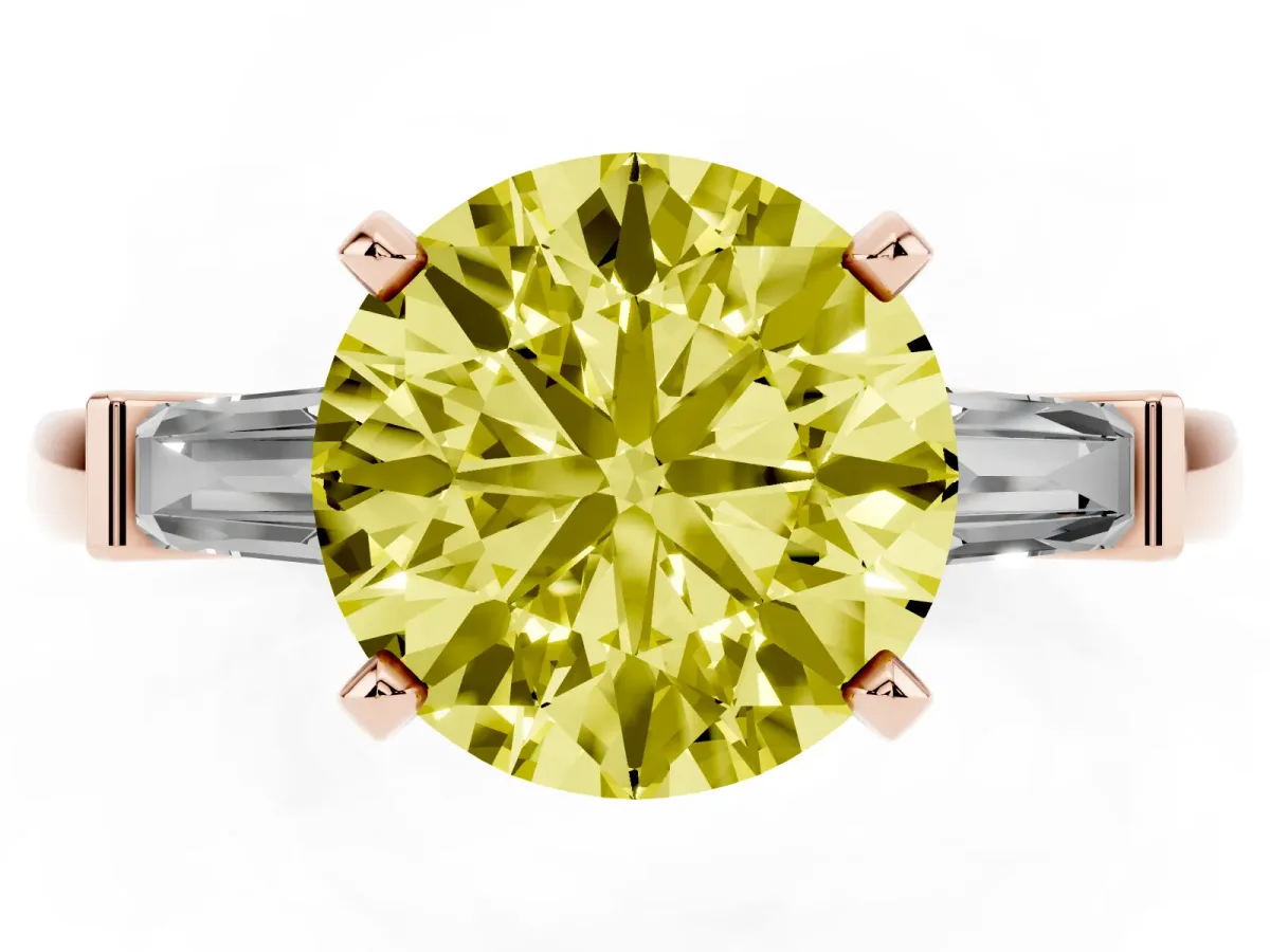 Fancy Yellow Round Cut Cut Diamond Solitaire Ring with Tapered Baguette Accents and Four-Prong Setting Rose gold