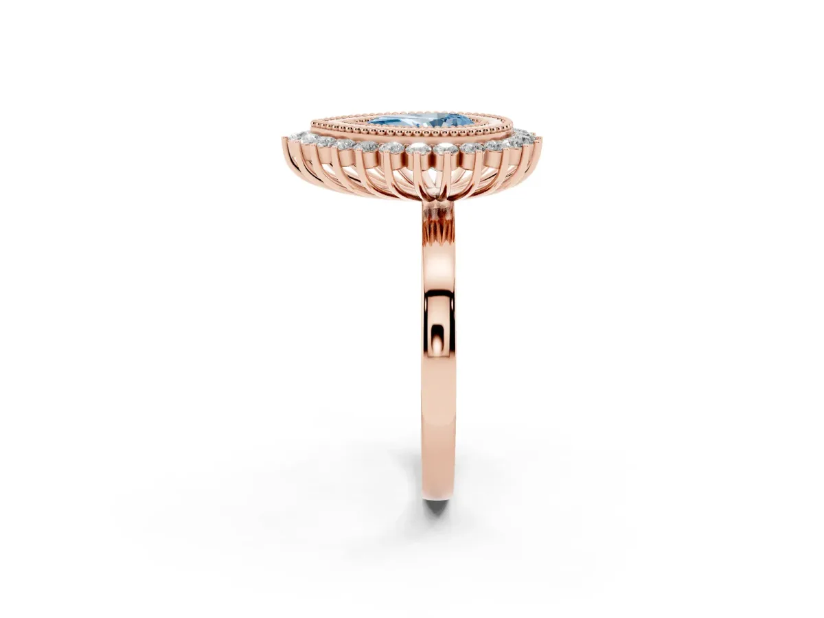 Fancy Blue Pear Cut Halo Diamond Ring with Milgrain Edge and Round Prong Setting Rose gold