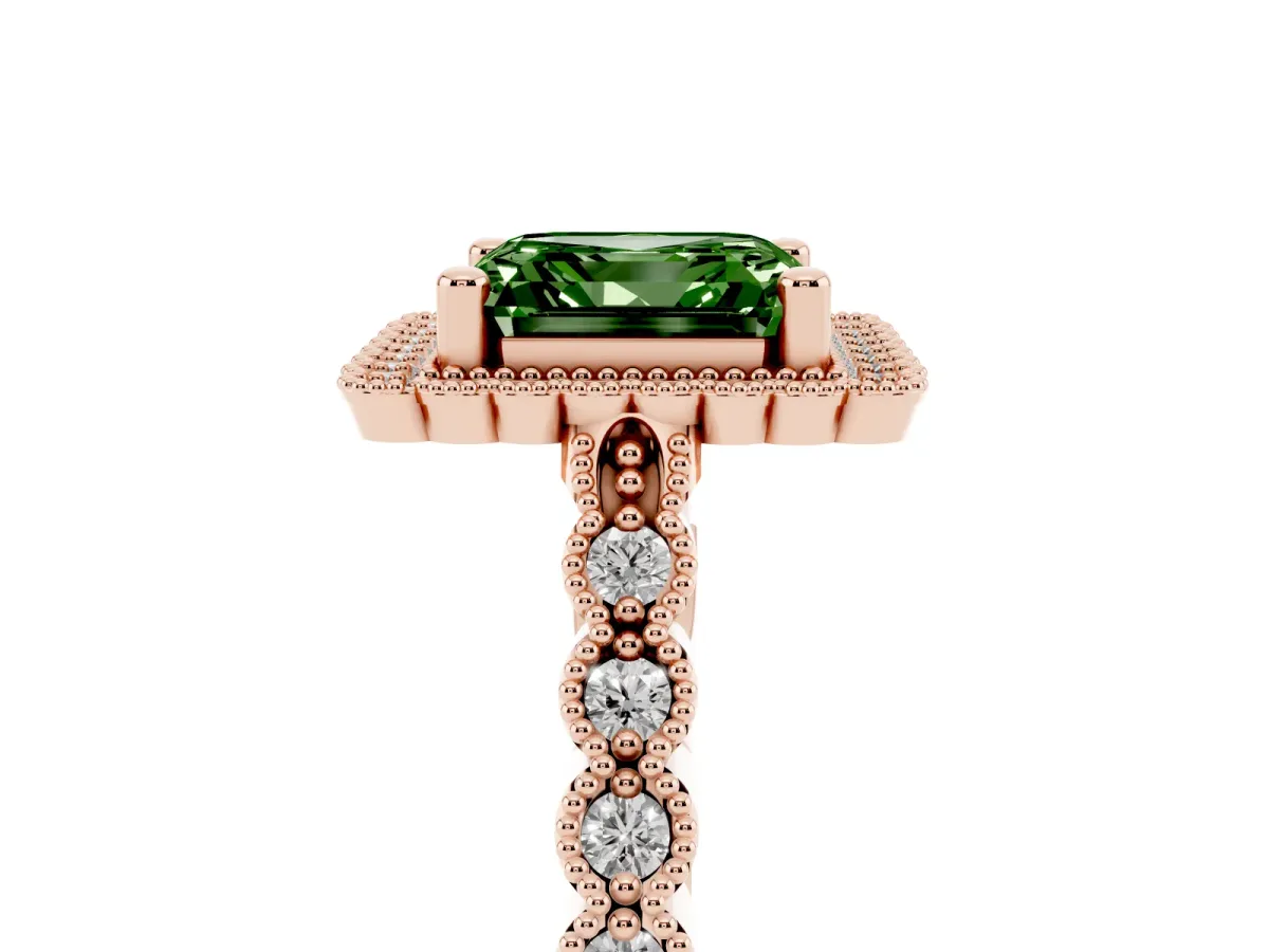 Fancy Green Asscher Cut Cut Halo Pavé Solitaire Ring with Milgrain Band Rose gold