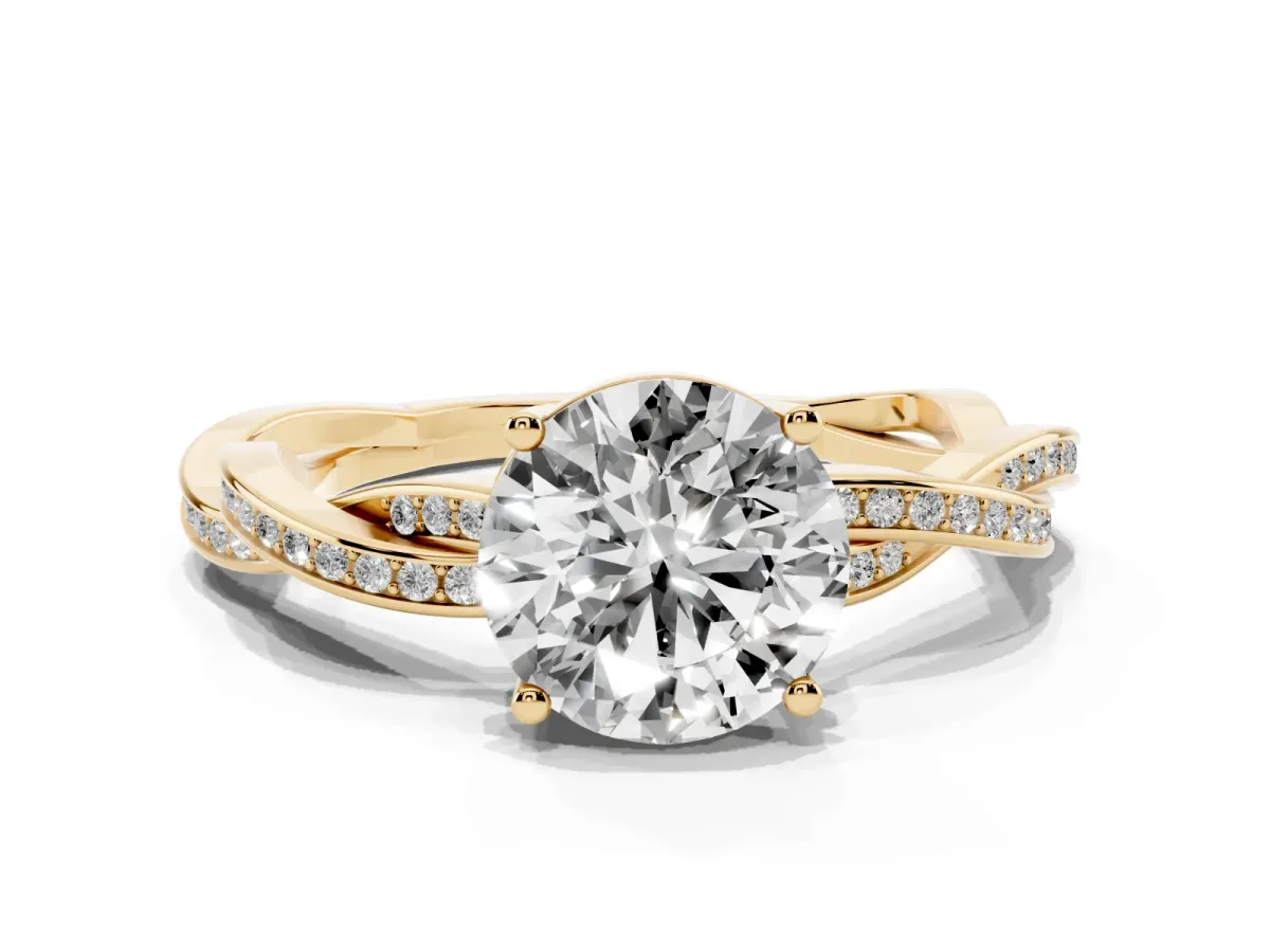 Round Cut Solitaire Twisted Pave Diamond Ring with Four-Prong Setting Yellow gold