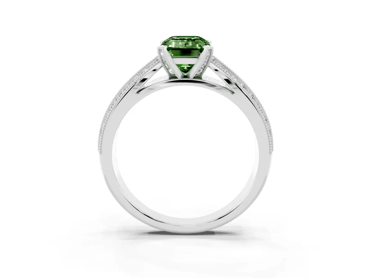 Fancy Green Emerald Cut Diamond Solitaire Ring with Milgrain Round Pavé Band and Prong Setting Platinum