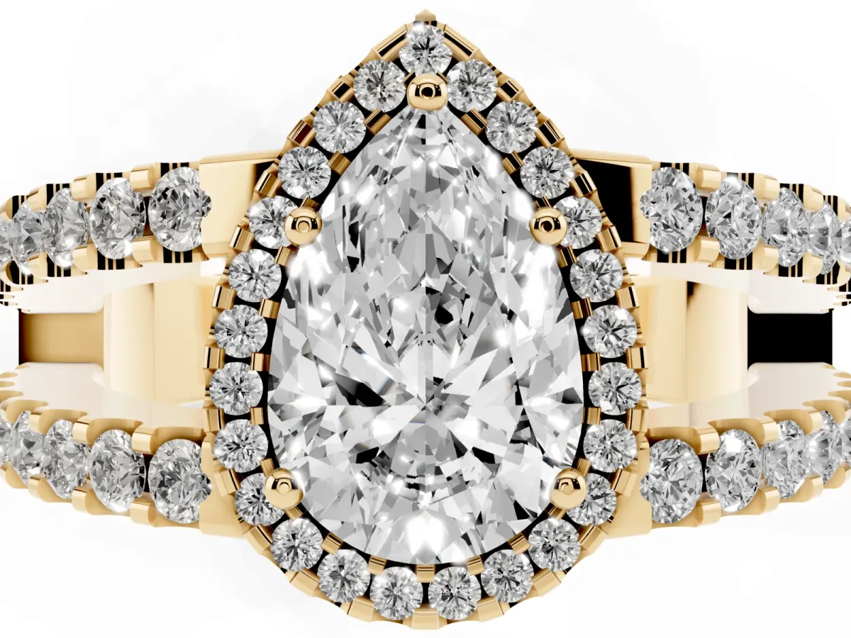 Pear Cut Cut Halo Split Shank Diamond Ring with Four-Prong Setting Yellow gold