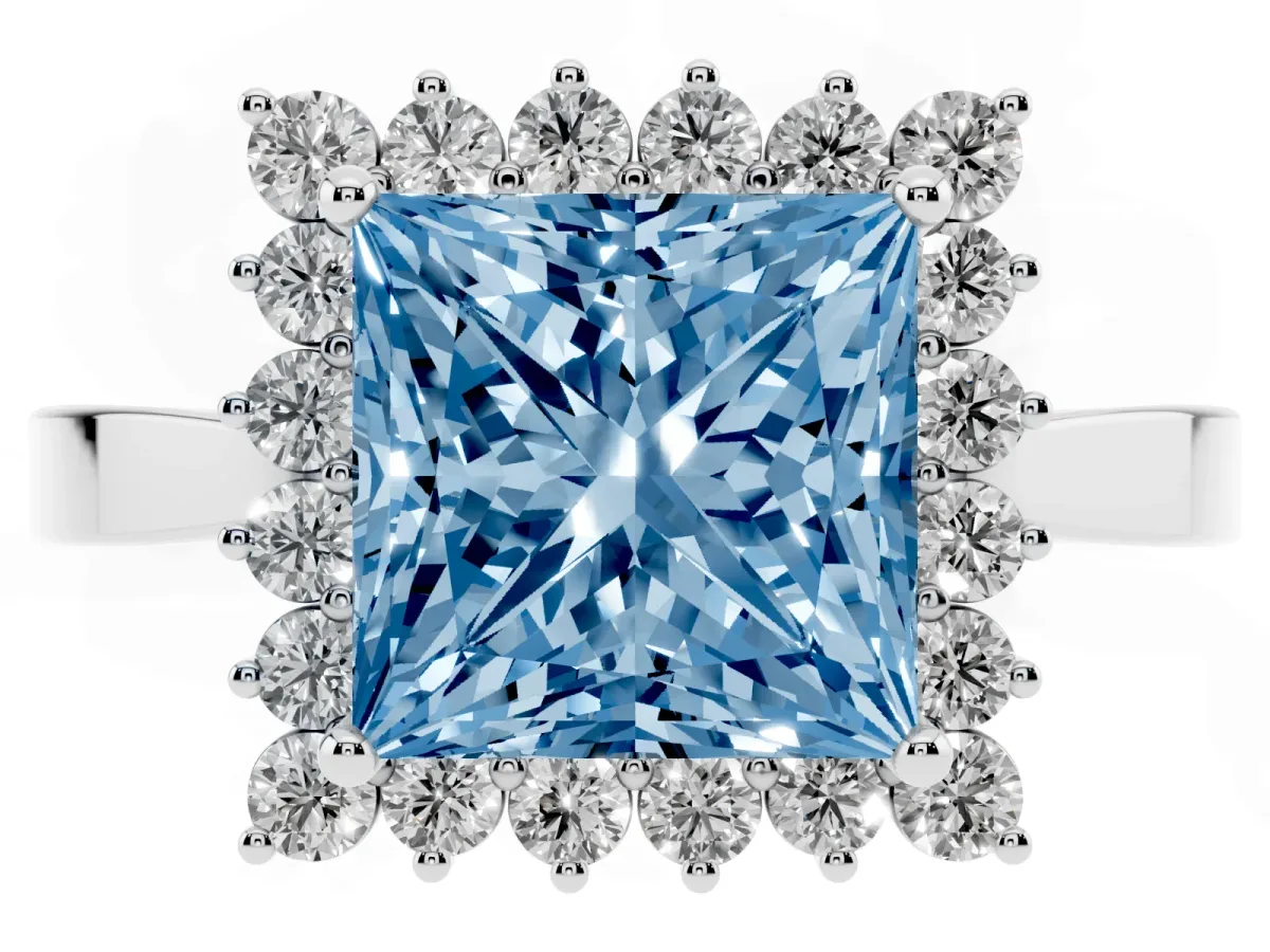 Fancy Blue Princess Cut Cut Diamond Halo Ring with Round Brilliant Halo and Solitaire Band Platinum