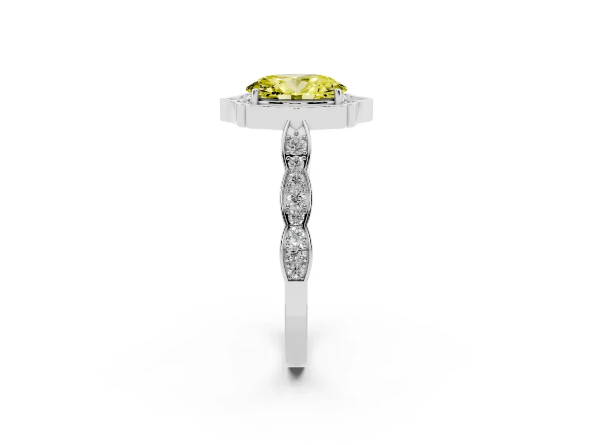 Fancy Yellow Oval Cut Halo Diamond Engagement Ring with Milgrain Band and Four-Prong Setting White gold