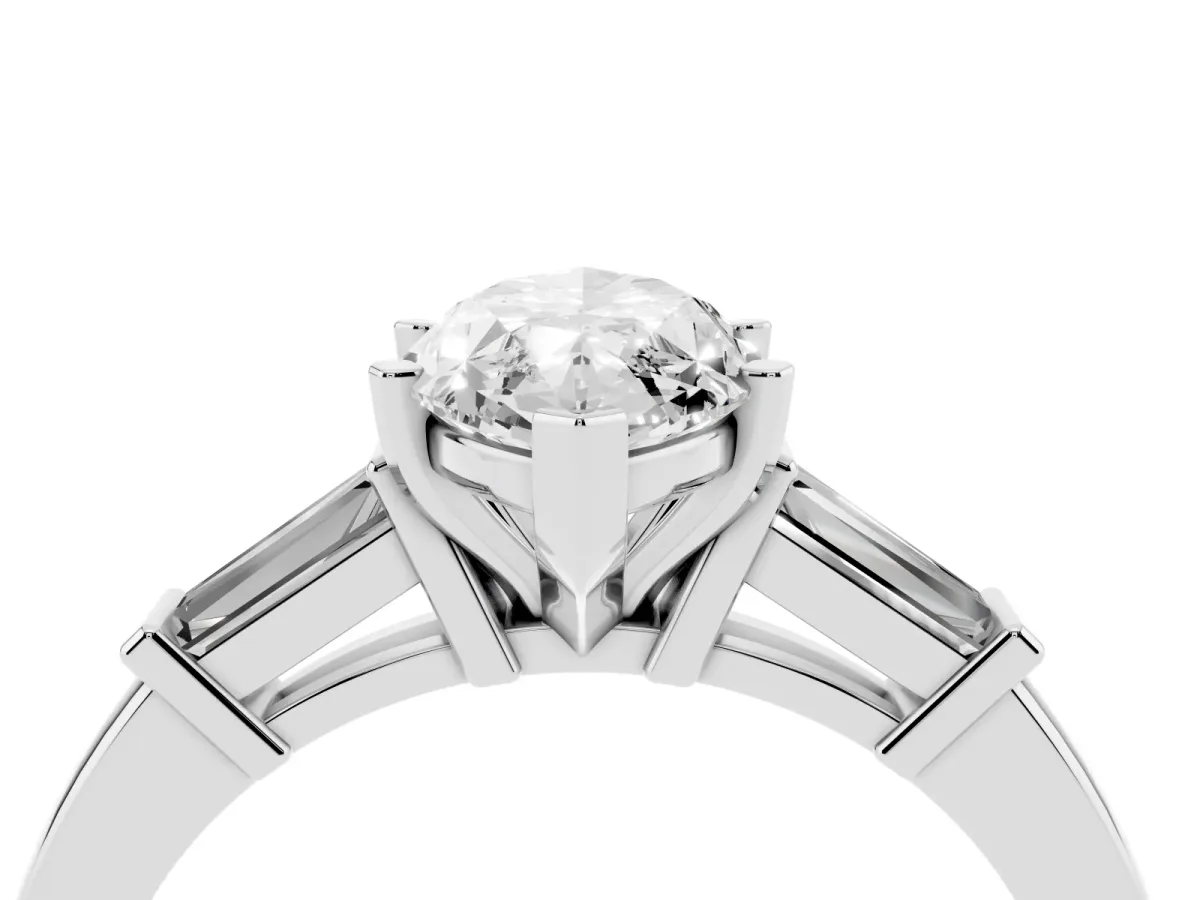 Marquise Cut Cut Diamond Solitaire Ring with Tapered Baguette Accents and Four-Prong Setting Platinum