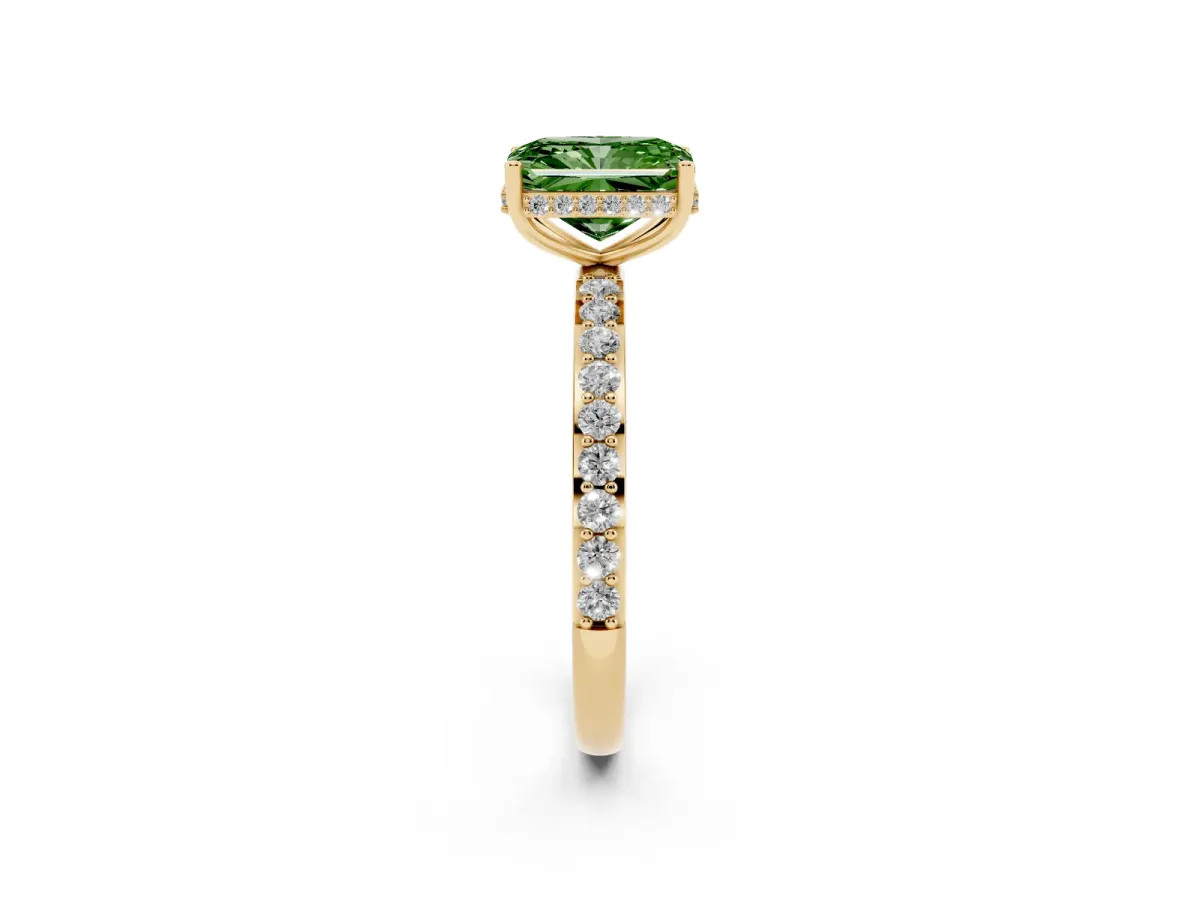 Fancy Green Radiant Cut Diamond Solitaire Ring with Pavé Band and Hidden Halo Yellow gold
