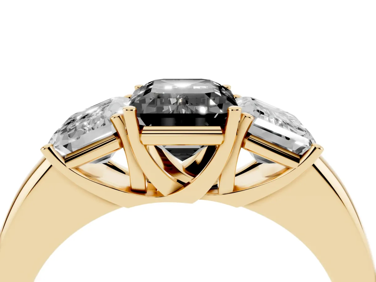 Fancy Black Emerald Cut Diamond Three-Stone Ring with Four-Prong Setting and Classic Band Yellow gold